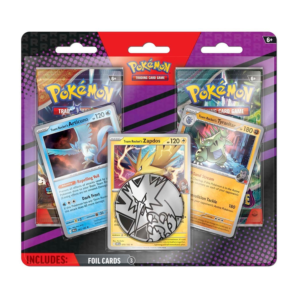 Team Rocket's Zapdos, Articuno & Tyranitar · 3 Cartas Foil + 2 Sobres + Moneda