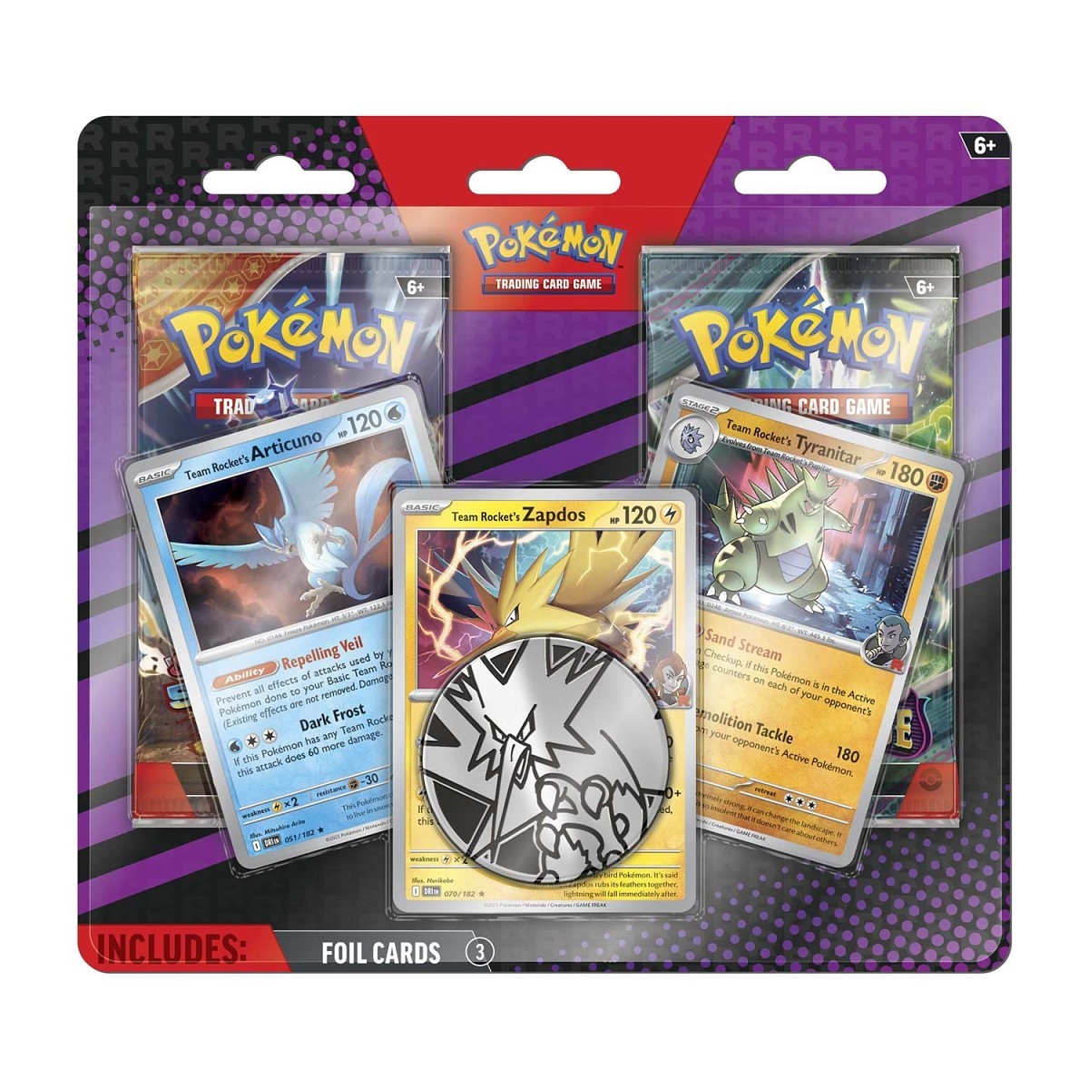 Team Rocket's Zapdos, Articuno & Tyranitar · 3 Cartas Foil + 2 Sobres + Moneda