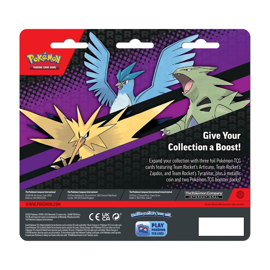 Team Rocket's Zapdos, Articuno & Tyranitar · 3 Cartas Foil + 2 Sobres + Moneda